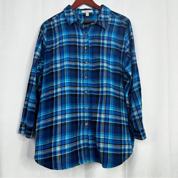 Woman Within Plaid Button Up Long Sleeve Blue 1X Knit Cozy Cotton Womens Top - Picture 1 of 9